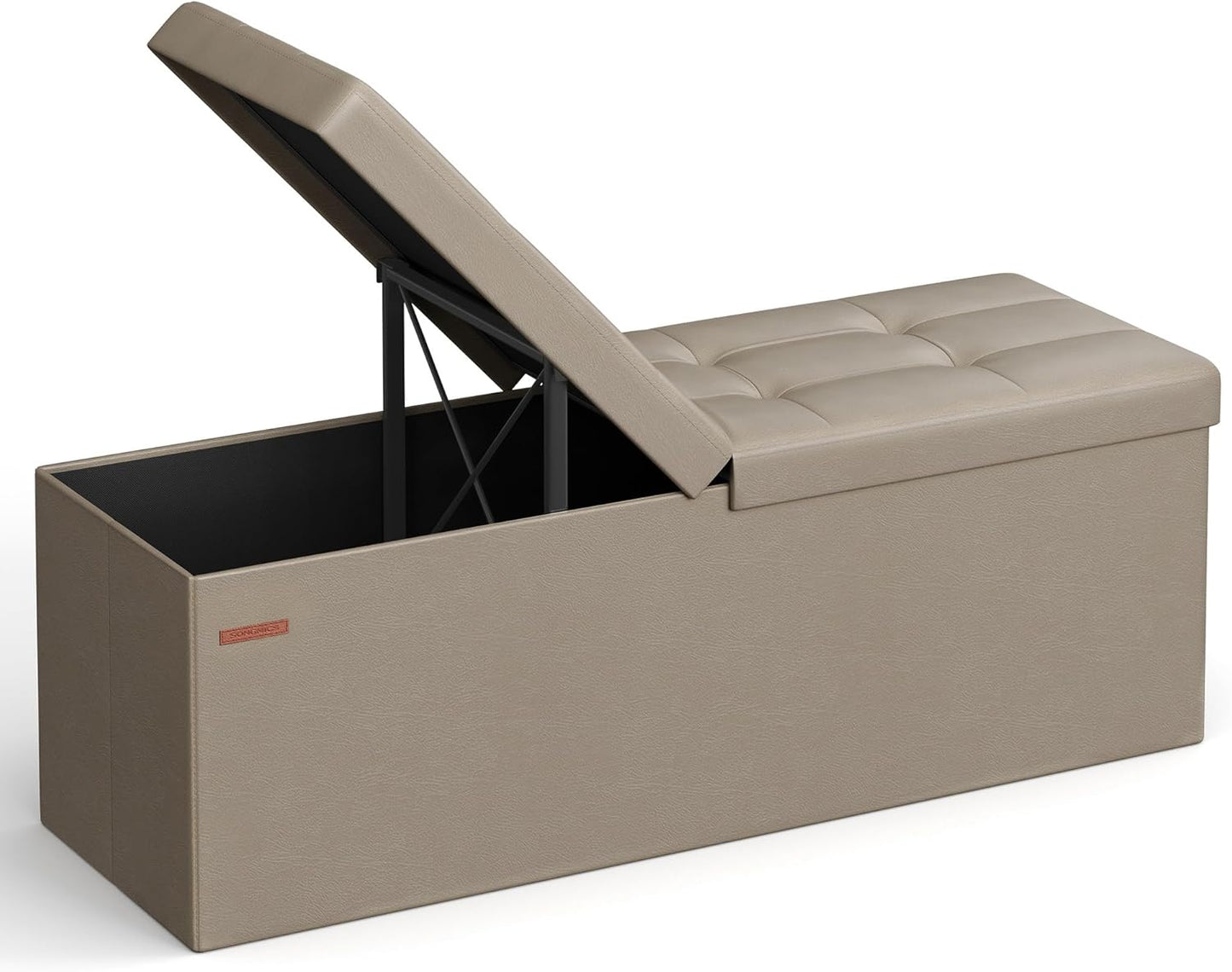 SONGMICS MAZIE Collection - 43 Inches Storage Ottoman Bench with Flipping Lid, Storage Chest with Iron Frame Support, Load 660 lb, for Living Room, Bedroom, Synthetic Leather, Camel Brown ULSF075K03