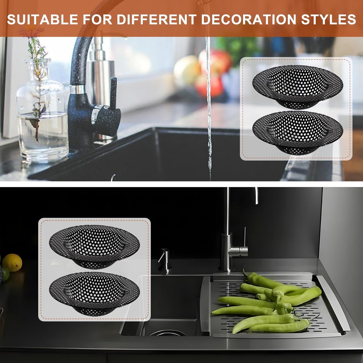 2 Pcs Black Stainless Steel Mesh Sink Drain Strainer, 4.45" Top/2.95" Kitchen Filter Trap Basket,Large Food Catch for Bathroom Bathtub Wash basin Floor drain balcony RV Drain Hole Electroplated Coatin