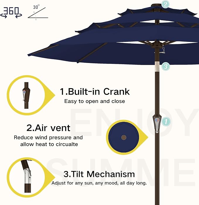 Kingdura 9ft 3-Tier Patio Umbrella, Outdoor Table Umbrella with Easy Crank & Tilt, 8 Reinforced Ribs, UV Protection for Deck, Pool, Market, Backyard (Navy blue)