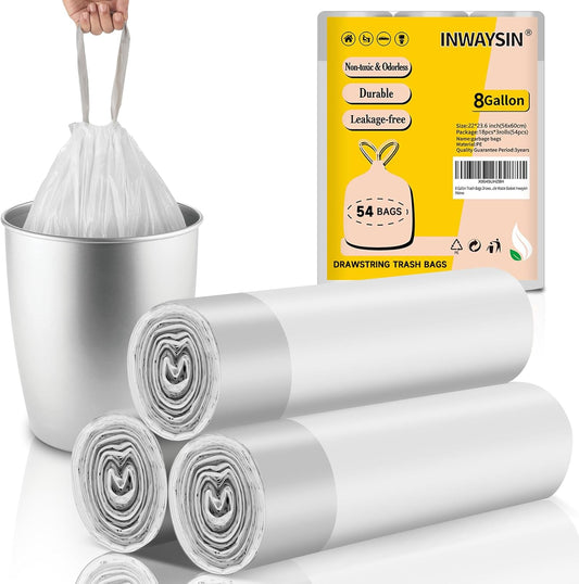 8 Gallon Trash-Bags Drawstring Kitchen-Garbage-Bag Unscented - White Plastic 54 Count Recyclable Restroom Liners Strong Compactor Can Tall Large Recycle Waste Basket Inwaysin