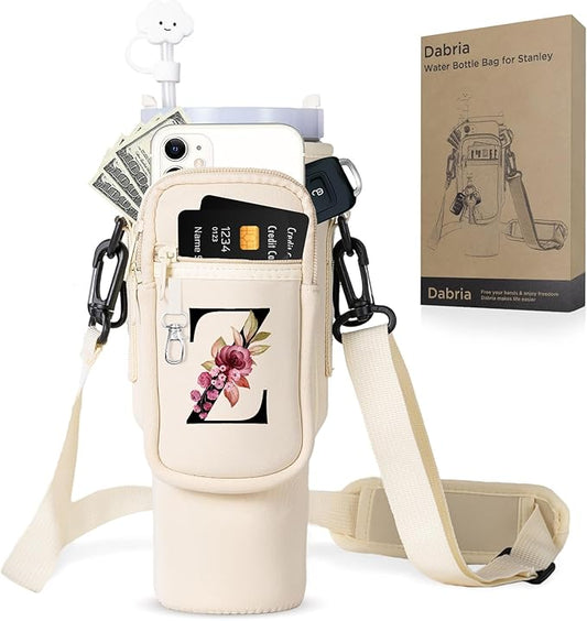 dabria Initial A-Z Water Bottle Bag with Phone Pocket for Stanley 40 oz Tumbler Neoprene Water Bottle Holder Pouch with Adjustable Strap Bollus with Straw Cover & Carabiner for Stanley Cup Accessories