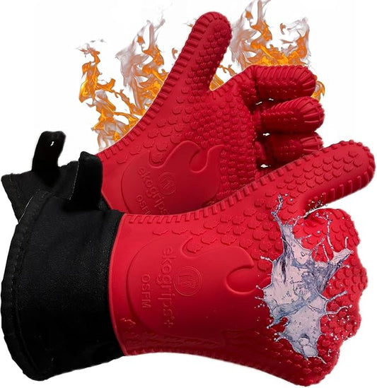 Ekogrips Plus Oven Gloves with Fingers, Comfy Waterproof Silicone Oven Mitts Heat Resistant with Long Cuff, Insulated BBQ Gloves Perfect for Grilling, Baking, Smoker, Canning, and Pizza, Red, OSFM