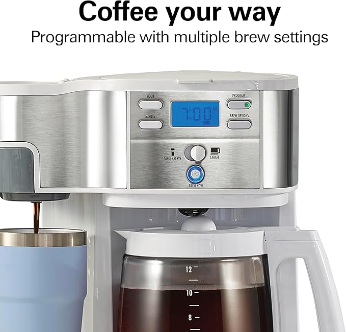 Hamilton Beach 49933 2-Way 12 Cup Programmable Drip Coffee Maker & Single Serve Machine, Glass Carafe, Auto Pause and Pour, White