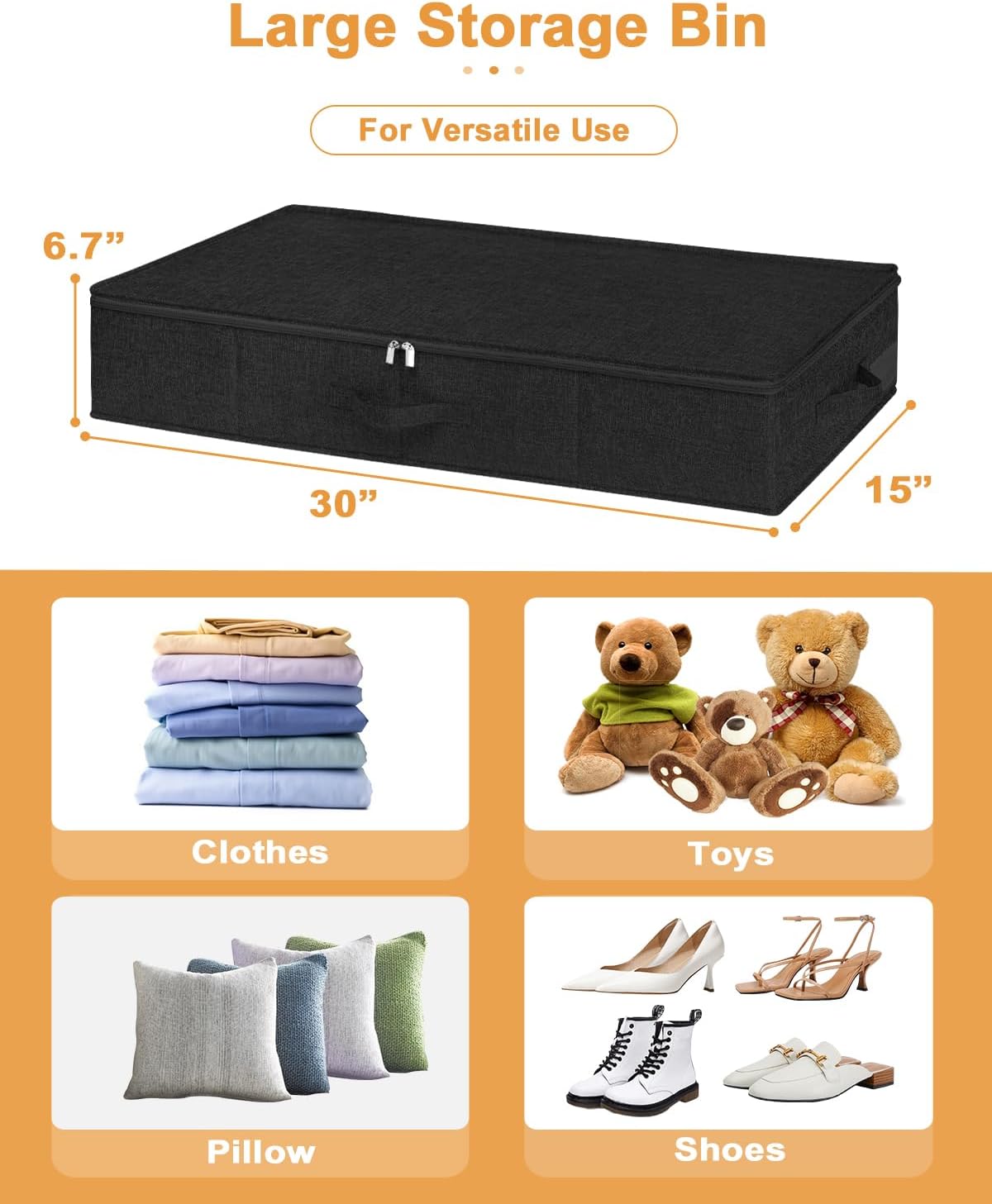 Under Bed Storage Container, 3 Pack Underbed Storage Bags With Lid, Foldable Sturdy Clothes Storage Organizer W/ 3 Handles, Ultra Thick Fabric Blanket Shoe Storage Box, 30x15x6.7inch, Black, 50L