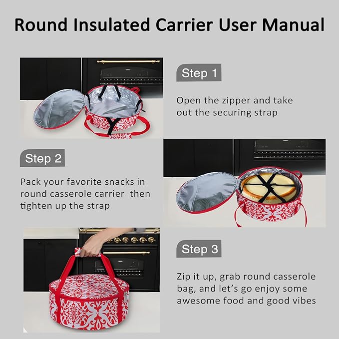 Round Insulated Pie Carrier – Thermal Portable Lunch Transport Cheesecake Cake Dish Container Bag Keep Food Hot/Cold/Fresh for Potlucks Parties Gathering/Cookouts/Church Dinner/Outdoor Events-Red