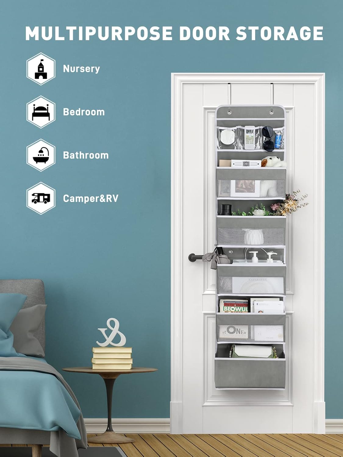 Yecaye 6-Tier Over the Door Storage Organizer, Flexible 1 Split into 2 Swing-proof Hanging Bathroom Storage Organization, Bedroom Organizer and Storage for Newborn Baby Essentials, Grey