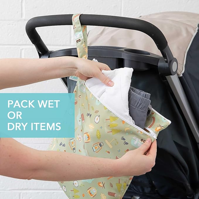 Bumkins Waterproof Wet Dry Bag for Baby, Travel, Swim Suit, Cloth Diapers, Pump Parts, Pool, Beach, Gym Clothes, Toiletry, Hook to Stroller, Daycare, Zip Reusable Wetdry Packing Pouch, Camp Gear Green
