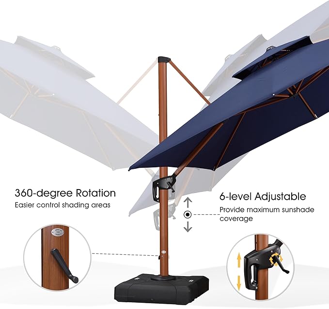 PURPLE LEAF 10' X 13' Double Top Deluxe Wood Pattern Rectangle Patio Umbrella with Base Offset Hanging Umbrella Outdoor Market Umbrella Garden Umbrella, Navy Blue