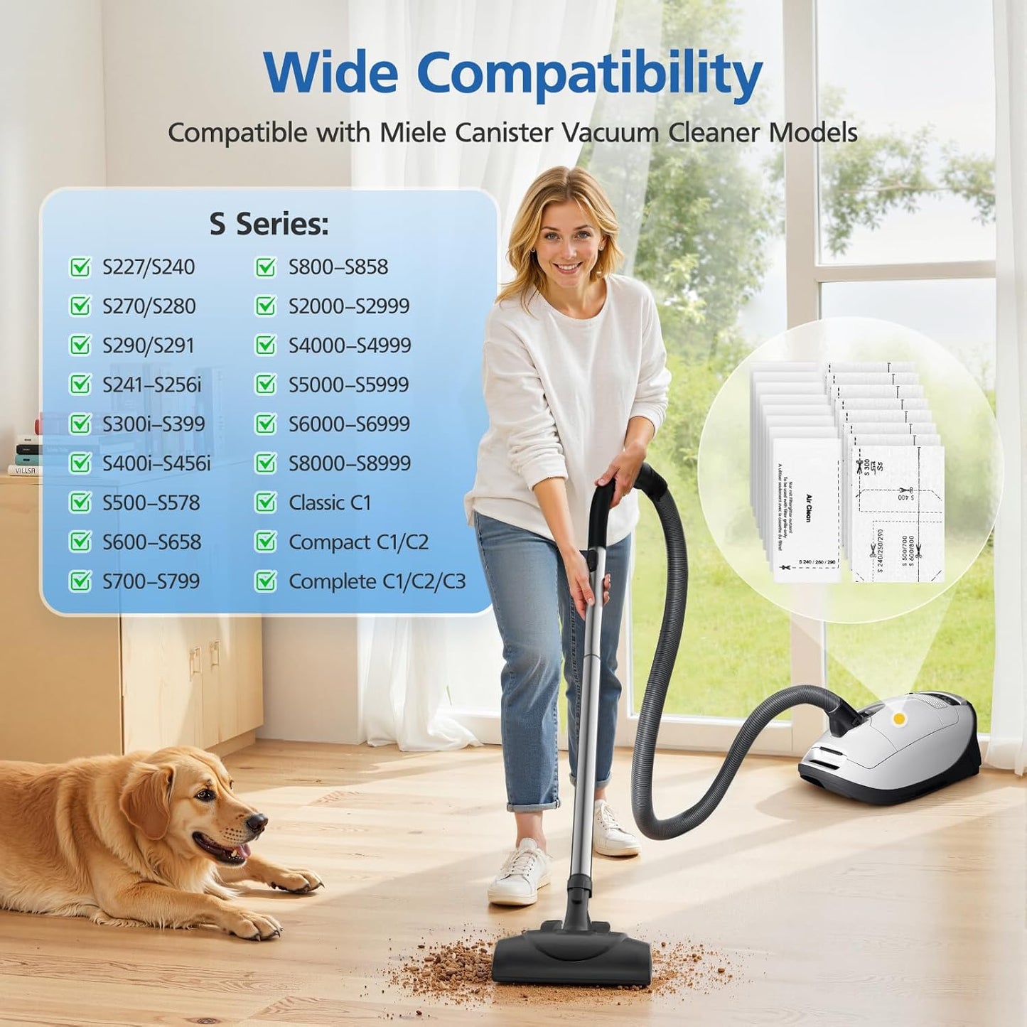 8 Pack AirClean Filters & Motor Protection Filters Compatible with Miele Classic C1, Compact C1/C2, Complete C1/C2/C3, and S Series S241,S227,S240,S270,S290,S300i,S400,S500,S700,S2,S4,S5,S6,S8 Vacuums