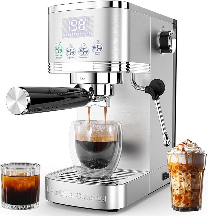 Espresso Machine 20 Bar Temperature Control LED Display Expresso Machine for Home with Steam Milk Frother for Cappuccino Latte Stainless Steel Espresso Maker with Removable Water Tank for Americano