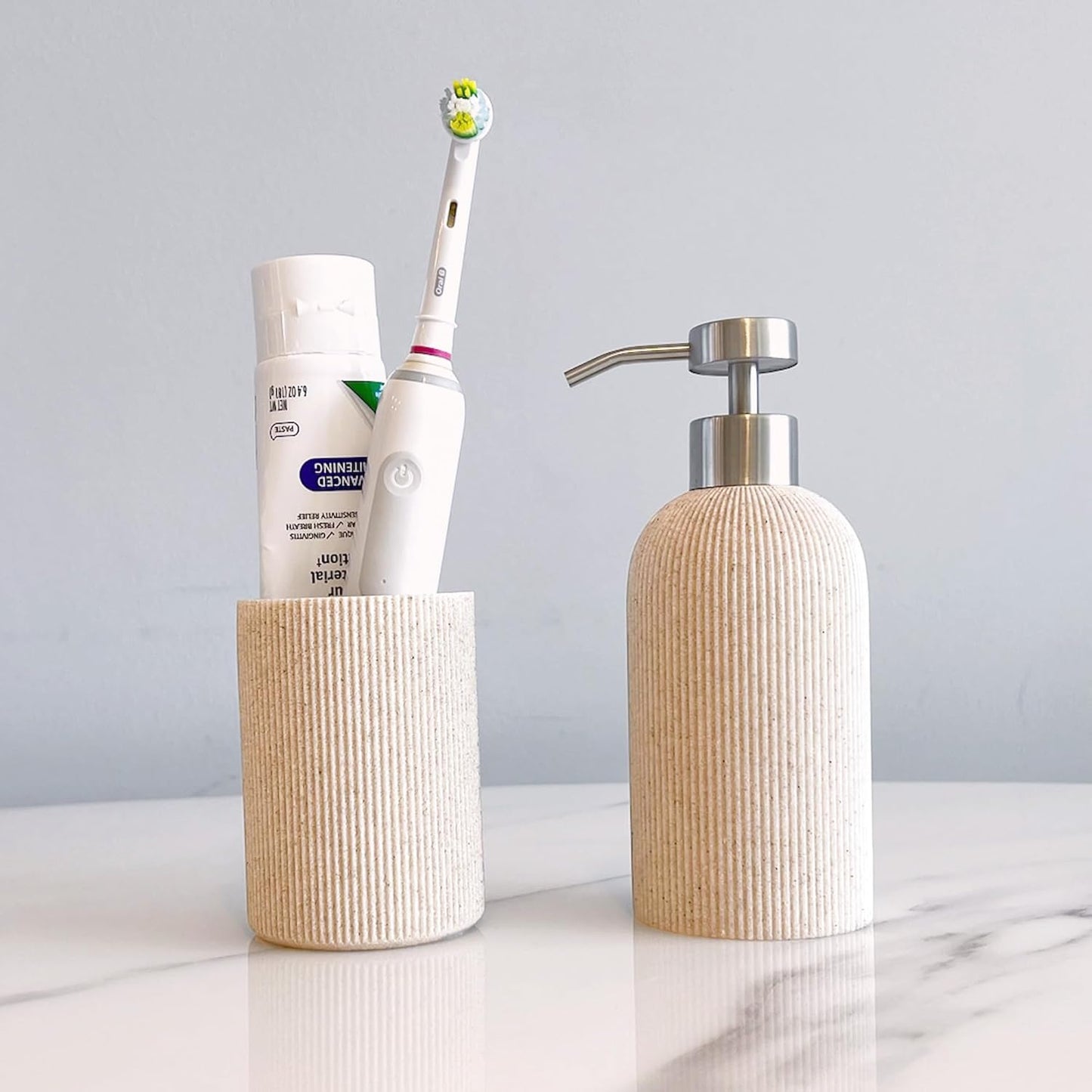 Small Sand Beige Toothbrush Holder for Bathroom Countertop, Modern Boho Farmhouse Style, Multi-Purpose Organizer, Rust-Proof Unbreakable Resin Cup