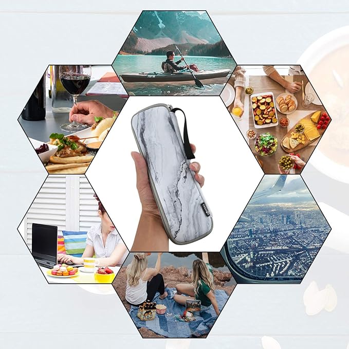 CM Reusable Portable Travel Tableware Carrying Bag Storage Case Cutlery Flatware Organziers for Straw Spoon Fork Chopsticks Utensil Holder (Marble White Pattern)