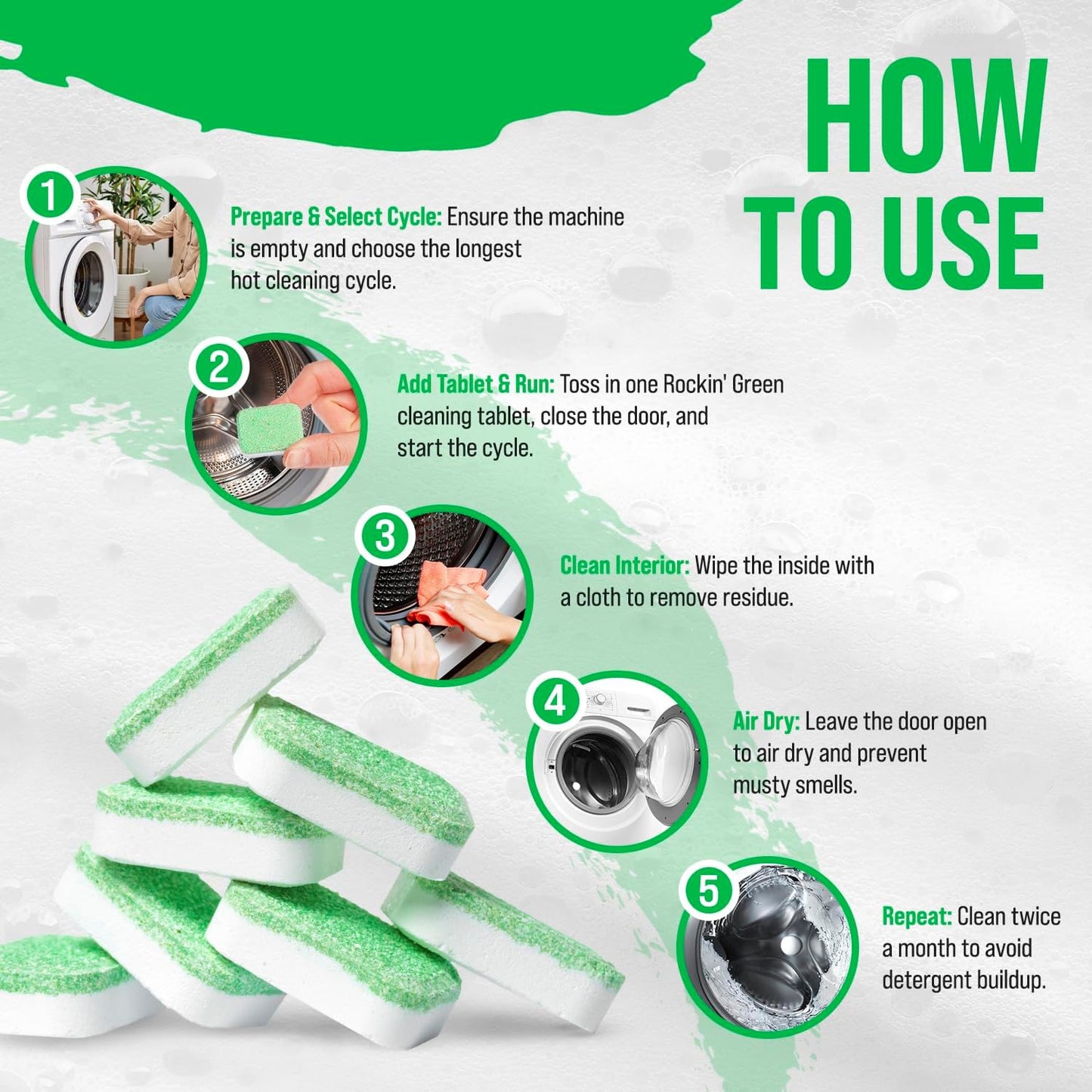 Rockin' Green Deep Cleaning and Deodorizing Tablets for Dishwashers, Washing Machines, and Garbage Disposals, Removes Odor and Residue (Washing Machine Cleaning Tablets, 24 Pack)