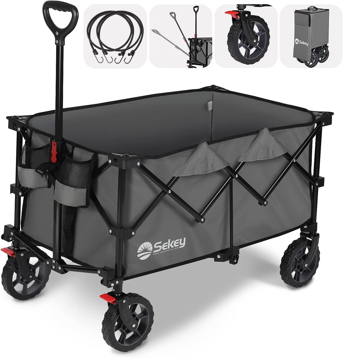 Sekey 220L Collapsible Foldable Wagon with 330lbs Weight Capacity, Heavy Duty Folding Wagon Cart with Big All-Terrain Wheels & Drink Holders (Grey)