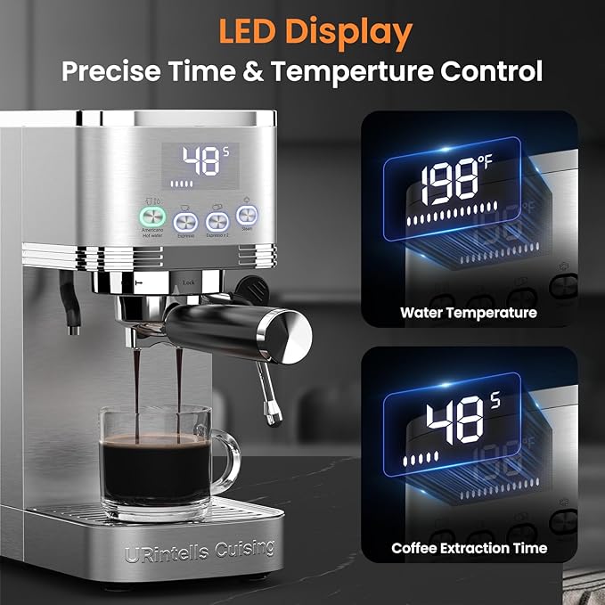 Espresso Machine 20 Bar Temperature Control LED Display Expresso Machine for Home with Steam Milk Frother for Cappuccino Latte Stainless Steel Espresso Maker with Removable Water Tank for Americano
