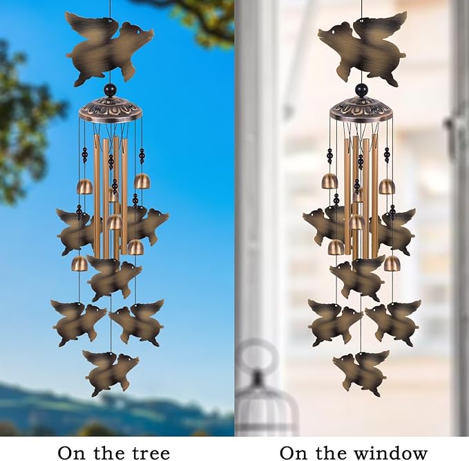 Outdoor Flying Pigs Wind Chimes Decor, Memorial Windchime, Bronze Wind Bells, Retro Wind Chime, Blessing Windchimes for Home, Balcony, Room, Xmas, Party, Indoor, Garden Decoration, Gifts for Mom