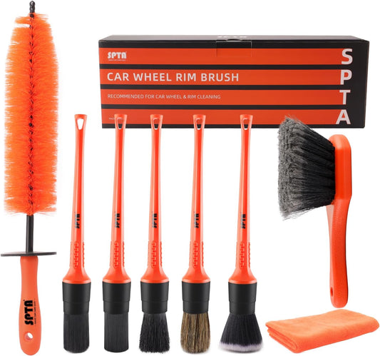 SPTA 8Pcs Wheel & Tire Brush Car Detailing kit, Easy Reach Wheel and Rim Brush, 5pcs Detailing Brushes, Short Handle Cleaning Brush, 1pc Microfiber Cleaning Cloth, Great to Clean Dirty Tires