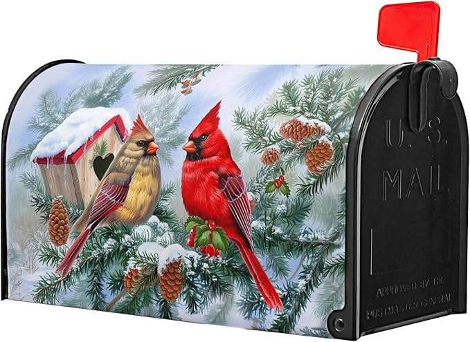 Winter Cardinal Magnetic Mailbox Covers Standard Size 21''x18'' Xams Sweet Birds Decorative Post Letter Box Cover Christma Birdhouse Snowy Pine Letterbox Cover for Home Outdoor Garden