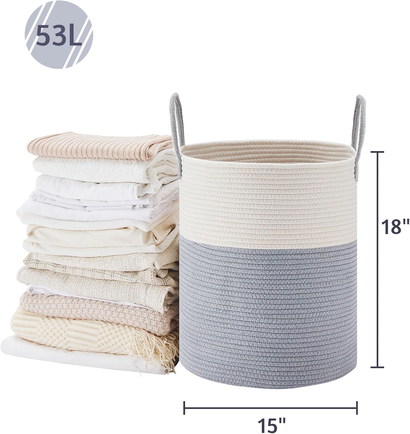 VIPOSCO Large Laundry Hamper, Tall Woven Rope Storage Basket for Blanket, Toys, Dirty Clothes in Living Room, Bathroom, Bedroom - 53L Grey & White