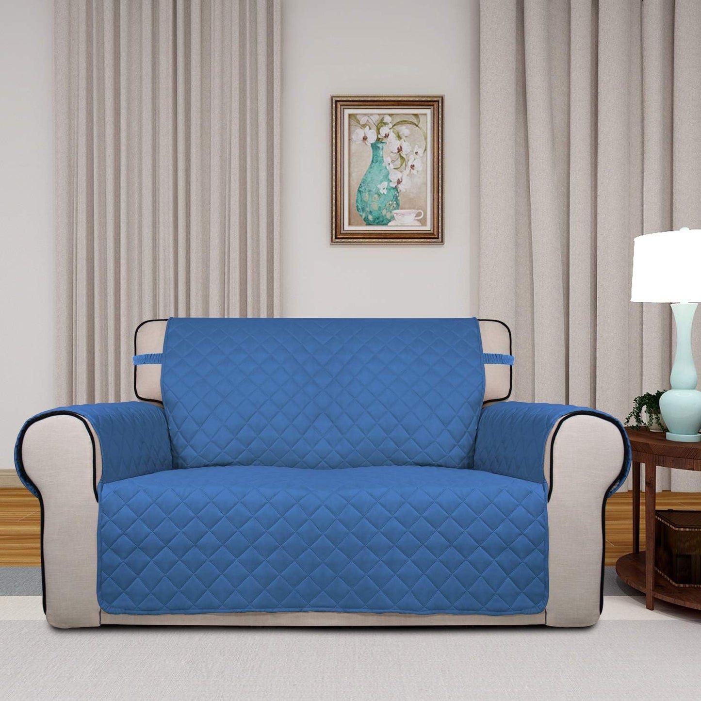 PureFit Reversible Quilted Sofa Cover, Water Resistant Medium Slipcover Furniture Protector, Washable Couch Cover with Non Slip Foam and Elastic Straps for Kids, Dogs, Pets (Loveseat, Blue/Ivory)