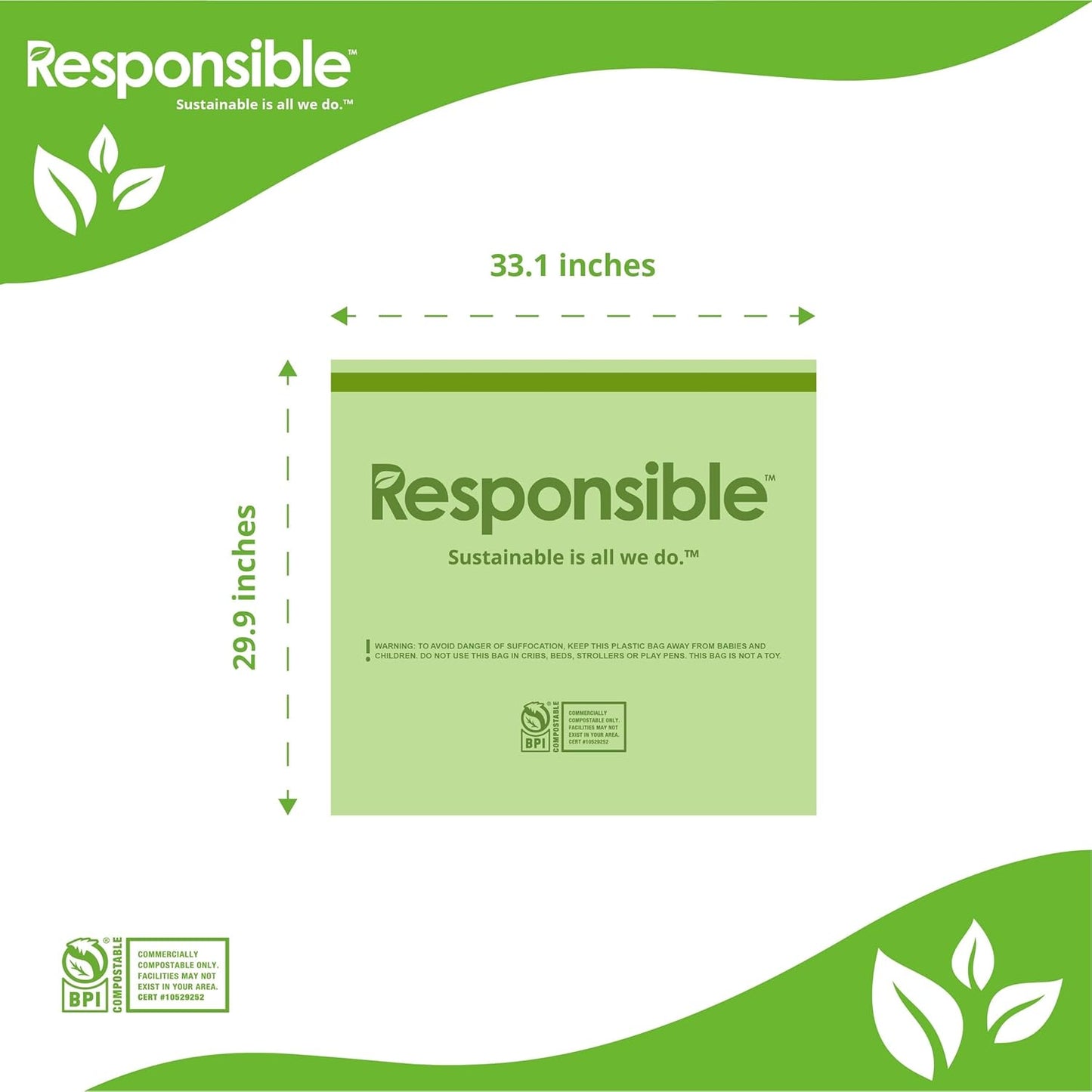 Responsible Products Kitchen Bin Liners, Certified Compostable, Heavy Duty Multipurpose Food Scrap Bags, Made from Compostable Materials (30 Gallon Drawstring, 30 Gallon (42 Count))