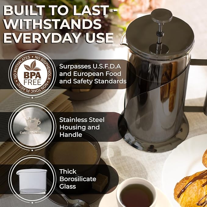 Cafe Du Chateau Stainless Steel French Press Coffee Maker - 34oz Insulated Coffee Press with 4-Level Filtration, BPA Free, Durable Glass, Great for Tea