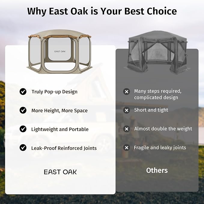 EAST OAK Pop Up Canopy Tent with Mesh Walls | Outdoor Screen House with 4/6 Sunshades | Waterproof Gazebo with Carry Bag | Portable Shelter for Camping, Patio, and Beach | Beige