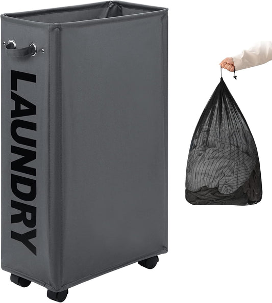 DOKEHOM 29-Inches Enlarged Slim Laundry Basket with Removable Wash Bag on Wheels, Collapsible Rolling Laundry Hamper, Foldable Narrow Corner Clothes Storage Bins (Dark Grey)
