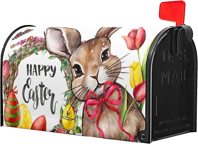 Happy Easter Bunny Magnetic Mailbox Covers Cute Rabbit with Egg Flower Wreath Decorative Mailboxes Wraps Post Letter Box Cover Standard Size 25.5x21In Spring Holiday Decor for Home Outdoor Garden Yard