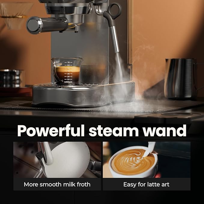 Espresso Machine - 20 Bar Espresso Maker with Milk Frother Steam Wand, Coffee Maker for Latte & Cappuccino, 1450W Semi-Automatic Coffee Machine with 34oz Removable Water Tank, Compact Kitchen