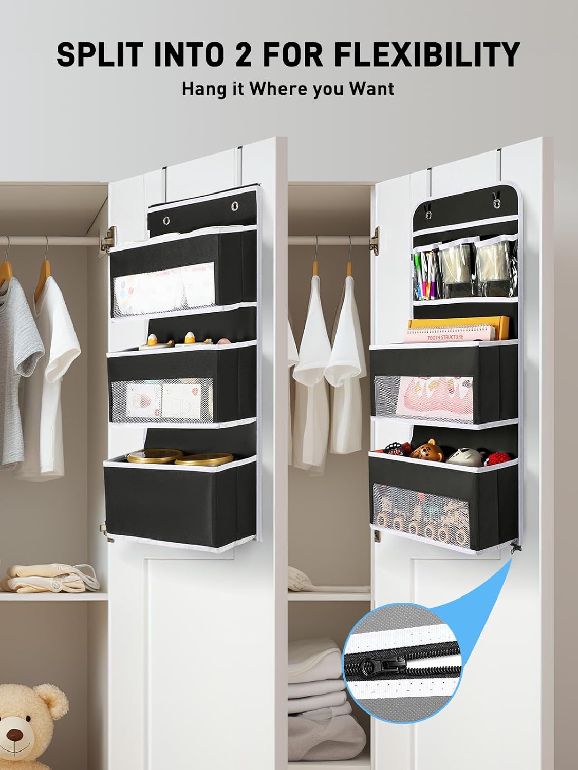 Yecaye 6-Tier Over The Door Storage Organizer, Flexible 1 Split into 2 Swing-Proof Hanging Bathroom Organizer, Bedroom Organizers and Storage for Newborn Baby Essentials, Black