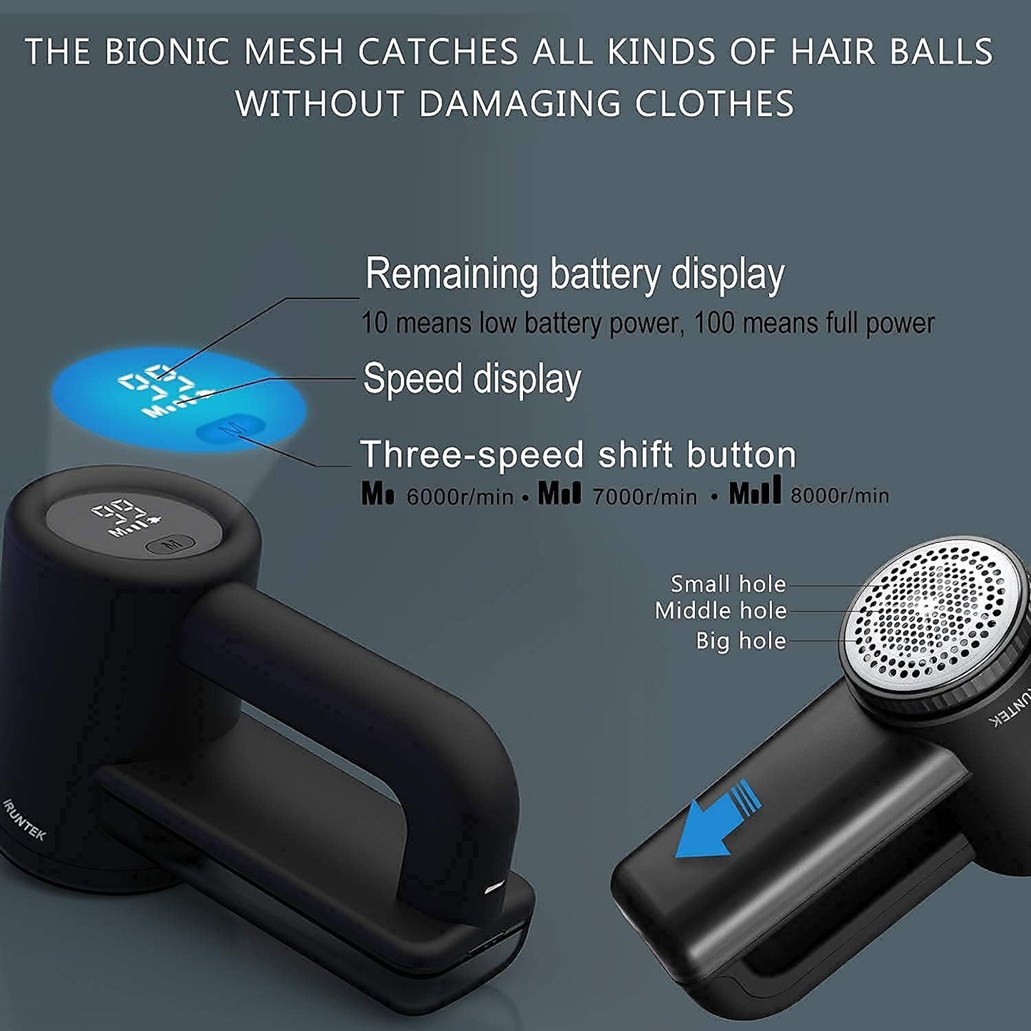 iRUNTEK Rechargeable Fabric Shaver & Lint Remover｜3-Speed Lint Shaver with LED Display & Type-C Fast Charging Port｜Sweater Shaver with Large Lint Bin｜Removes Fuzz & Pills from Clothes Furniture, Black