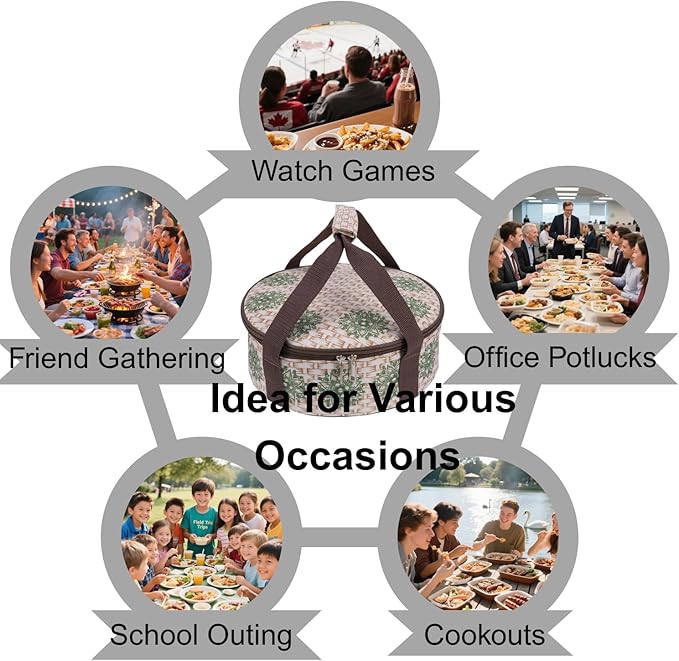 Round Insulated Pie Carrier – Thermal Portable Lunch Transport Cheesecake Cake Dish Container Bag Keep Food Hot/Cold/Fresh for Potluck Parties Gathering/Picnic/Church Dinner/Outdoor Events-Brown