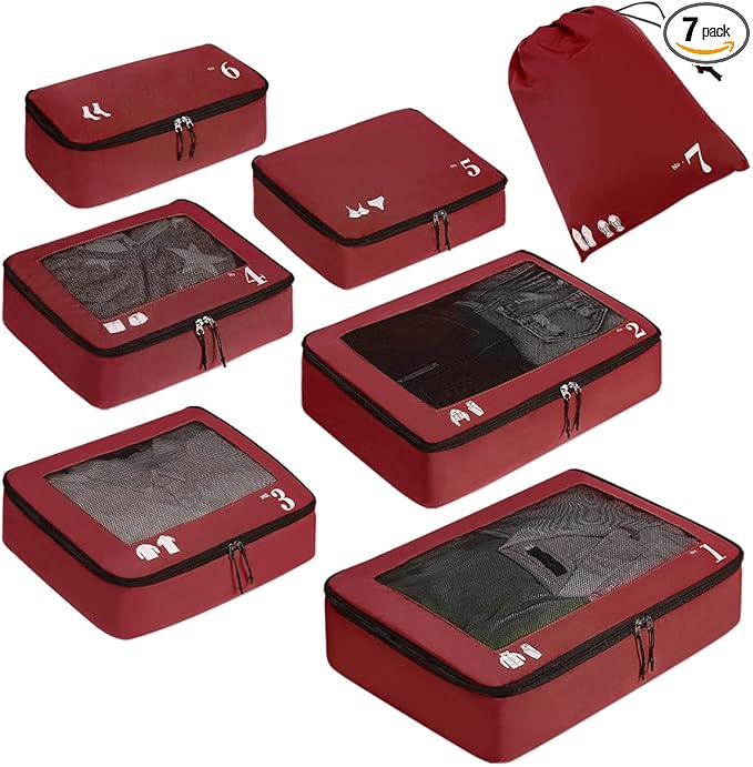 ECOHUB 7 Set Packing Cubes Tear-Resistant Luggage Packing Organizers with Number Icon for Travel Accessories Luggage Suitcase Machine Washable Packing Cubes (Red)