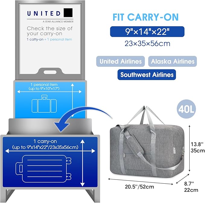 Carry on luaggage 22x14x9 Airlines Approved Foldable Carry on Bag Travel Duffel Packable Duffle Overnight for Women and Men 40L (Grey)