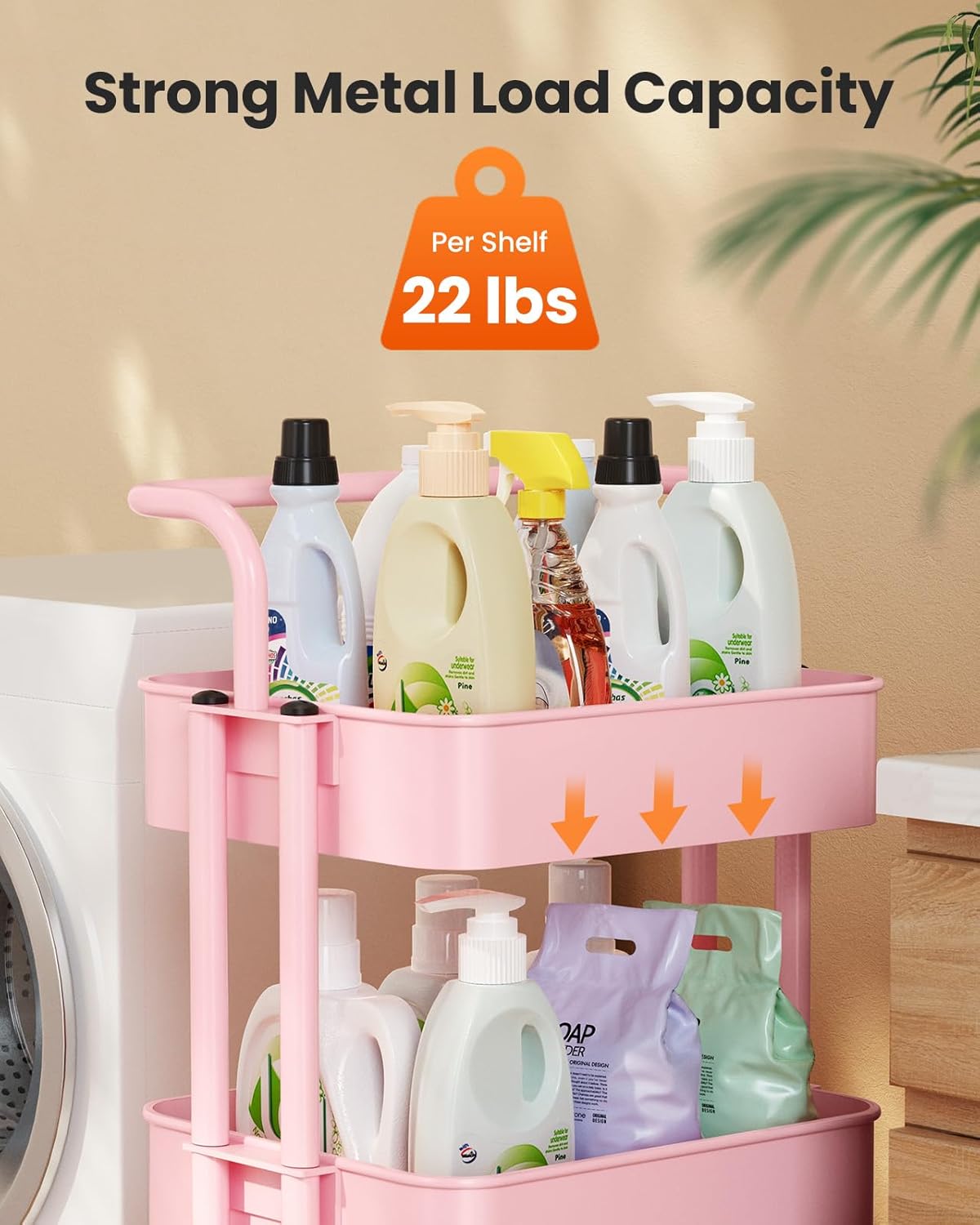 Pipishell 3 Tier Mesh Utility Cart, Rolling Metal Organization Cart with Handle and Lockable Wheels, Multifunctional Storage Shelves for Kitchen Living Room Office Pink