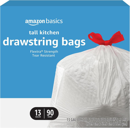 Amazon Basics Flextra Tall Kitchen Drawstring Trash Bags, 13 Gallon, 90 Count