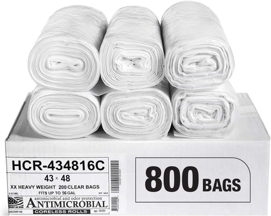 Aluf Plastics High Density Trash Bags, 56 Gallon, 800 Count, 16 Micron (eq), 43" x 48", Clear, for Bathroom, Office, Industrial, Commercial, Janitorial, Municipal, Recycling