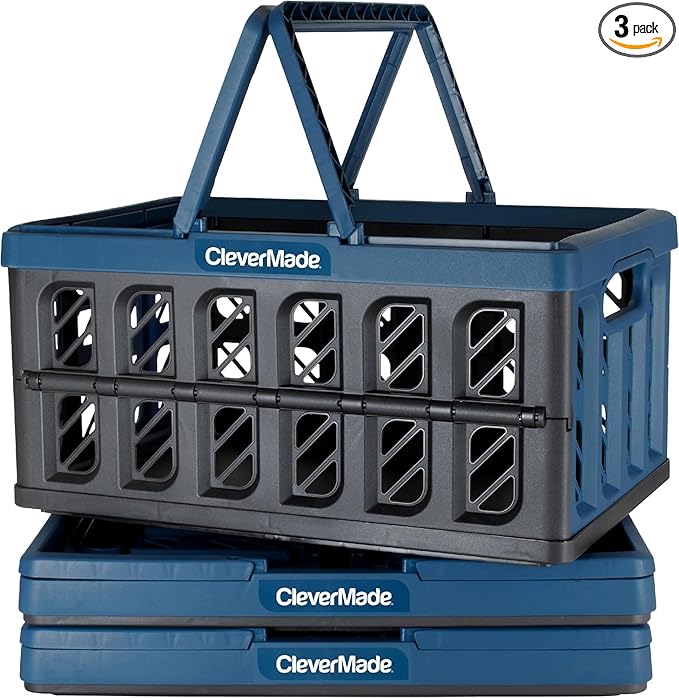 CleverMade Collapsible Shopping Basket, Ocean, 3PK - 24L (6 Gal) Reusable Plastic Grocery Shopping Baskets, Holds 25lbs Per Basket - Small Foldable Storage Crates with Handles