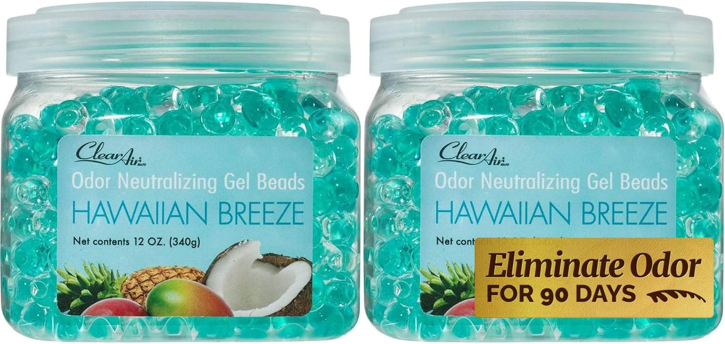 Clear Air Odor Eliminator Gel Beads - 12 oz, Pack of 2 - Air Freshener Made with Essential Oils - Eliminates Odors in Bathrooms, Cars, Boats, RVs & Pet Areas - Hawaiian Breeze Scent