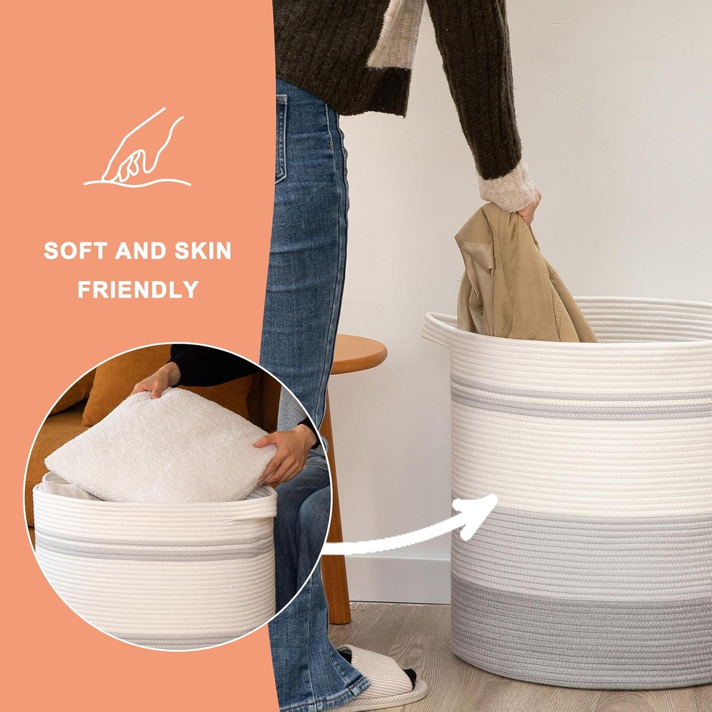 OIAHOMY 80L Laundry Hamper with Handles,Decorative Basket for Living room,Woven Storage Basket for Toys Bin,Pillows, Blankets,Clothes-20x18in-Gradient Gray