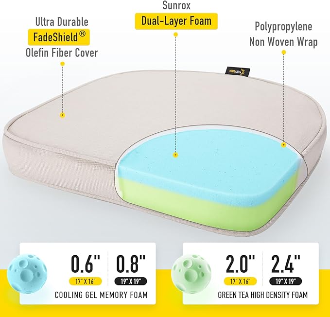 SUNROX Gel Memory Foam Chair Cushions, FadeShield Water-, Stain-Resistant Durable Reversible Seat Cushion Pads with Ties for Indoor/Outdoor Kitchen Dining Office 17"x16" Set of 6, Cream
