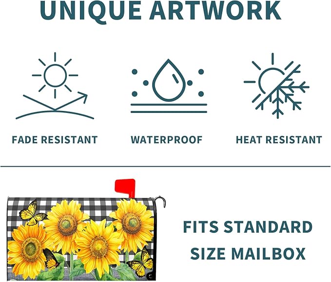 Sunflower Butterfly Magnetic Mailbox Cover Summer Flower Black White Buffalo Plaid Mailbox Cover Standard Size 21" x 18" Yellow Floral Post Letter Box Wraps for Outdoor Garden Yard Home Decor