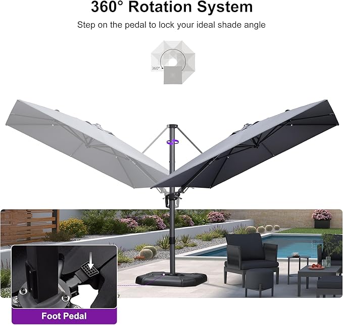 PURPLE LEAF 9' X 12' Right-left Tilt Patio Umbrella with Base Outdoor Cantilever Swivel Rectangle Umbrella Offset Umbrella with 360-degree Rotation for Garden Deck Pool Patio Light Grey