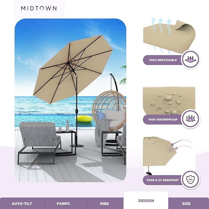 Midtown Umbrellas Sunbrella Umbrella 9 Feet Outdoor Umbrella With Heather Tan Acrylic Fabric - Auto-Tilt Aluminum Frame Patio Umbrella For Backyard, Deck, Garden, Pool - Black Pole