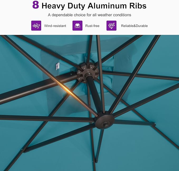 PURPLE LEAF 8 Feet Cantilever Patio Umbrella Square Umbrella with 360° Rotation and Aluminum Offset Hanging Outdoor Umbrella for Pool Garden Backyard Deck, Turquoise
