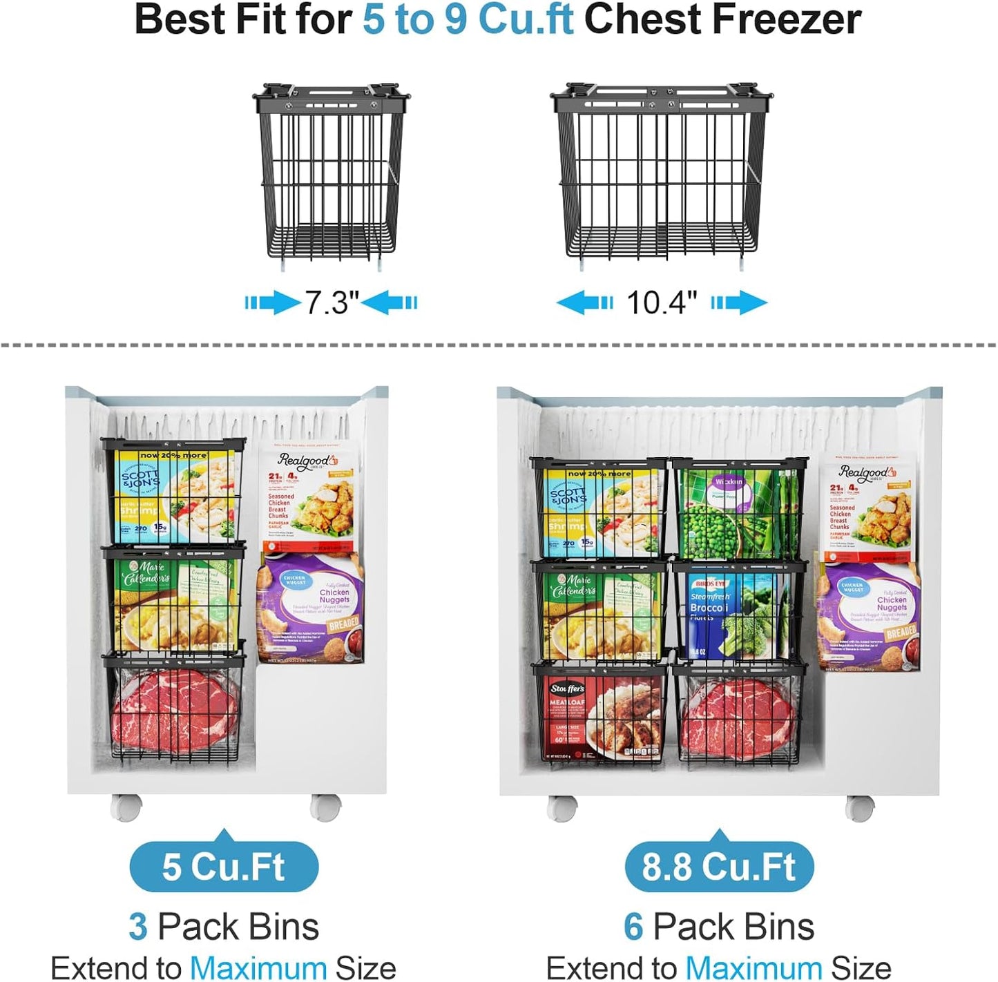 iSPECLE Freezer Organizer Bins - 5 Pack Adjustable & Extra Large Deep Freezer Organizer Bins for 5 to 9 Cu.Ft Chest Freezer, Easy Organize Basket Store More, Stackable No Wasted Space, Black