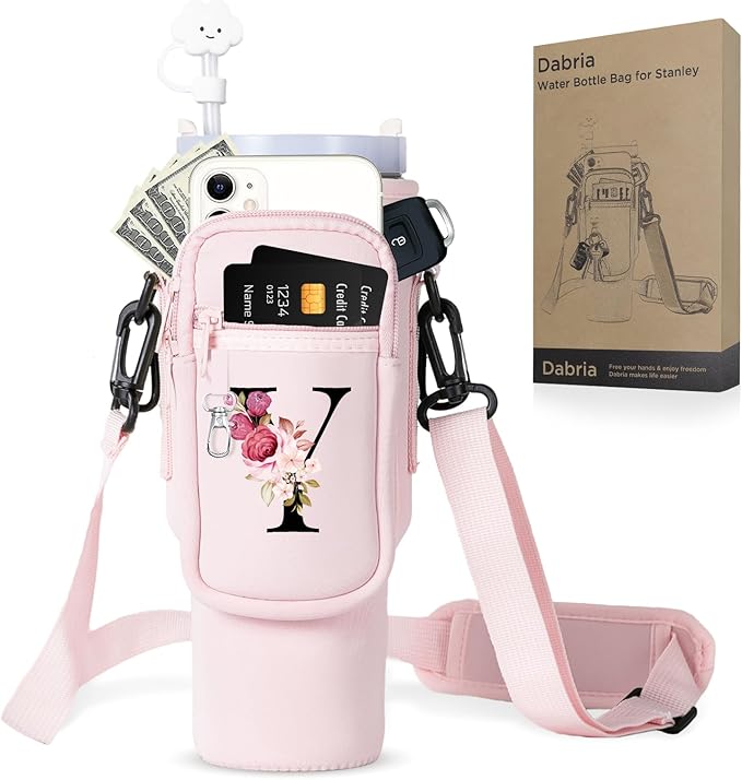 dabria Initial A-Z Water Bottle Bag with Phone Pocket for Stanley 40 oz Tumbler Neoprene Water Bottle Holder Pouch with Adjustable Strap Bollus with Straw Cover & Carabiner for Stanley Cup Accessories