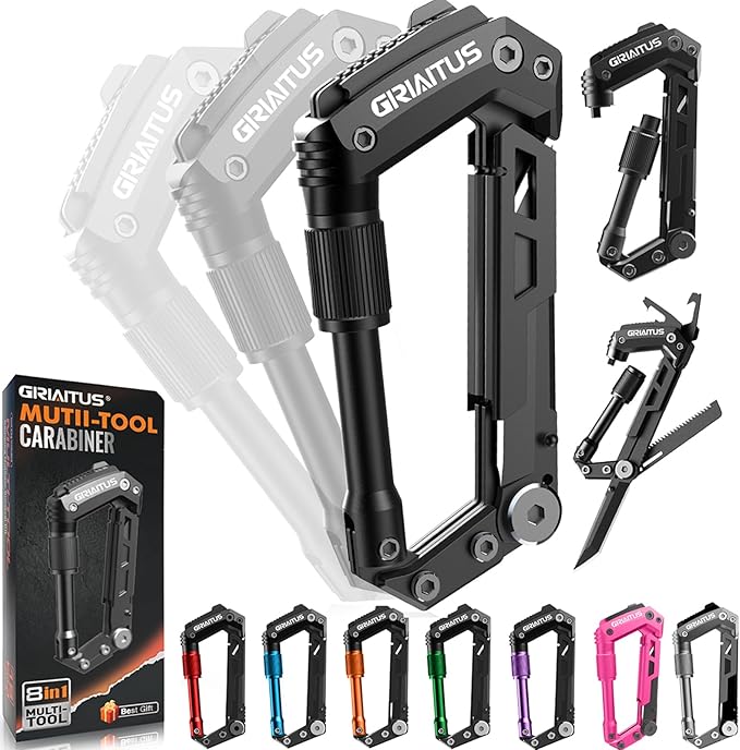 Carabiner Multitool 8-in-1 EDC Carabiners Pocket Knife, Serrated Knife, Rope Cutter, Screwdriver, Can Bottle Opener, Ruler, Survival Gear for Camping Climbing, Christmas Gifts for Men Women (Black)