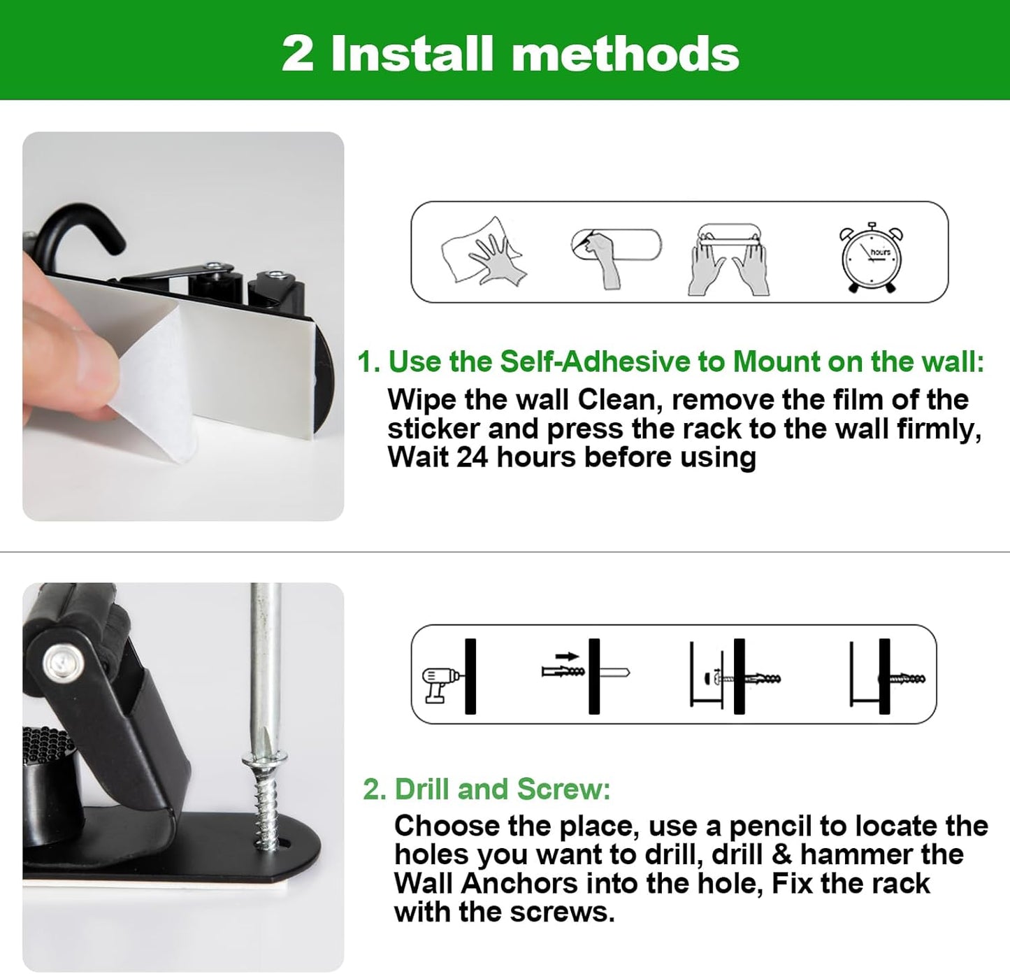 voze 5 Racks and 4 Hooks Mop and Broom Holder Wall Mount, Self Adhesive Heavy Duty Broom Hanger Organizer Storage Tool Racks for Kitchen Garden Laundry Garage Black